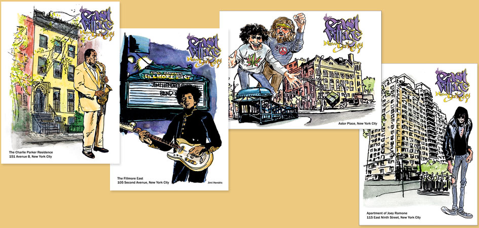 East Village postcards featuring Charlie Parker, Jimi Hendrix, Abbie Hoffman & Jerry Rubin, and Joey Ramone