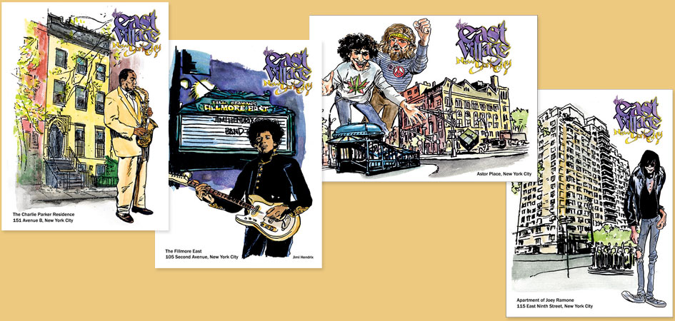 East Village postcards featuring Charlie Parker, Jimi Hendrix, Abbie Hoffman & Jerry Rubin, and Joey Ramone