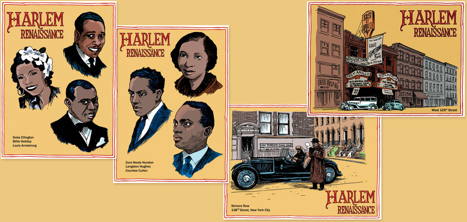 Harlem Renaissance postcards featuring Harlem muscians, writers, Apollo theater and Strivers Row
