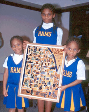 Dean Rusk Elementary Ram Cheerleaders with framed copy of Ephemera Press's Harlem Renaissance Map